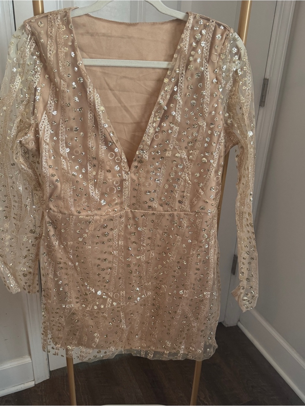Sequin Embellished Nude Mini Dress with V-Neck